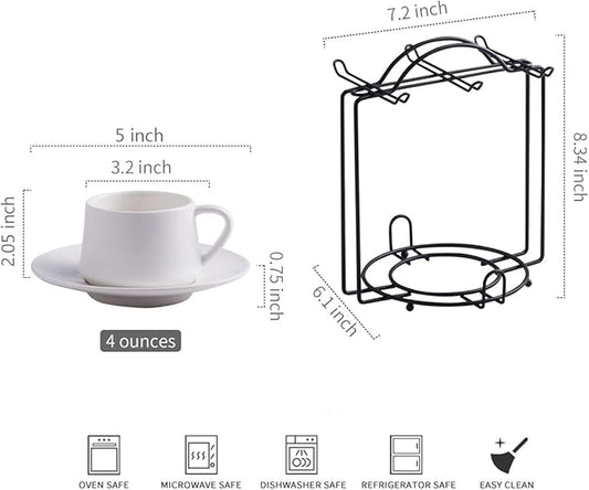 YHOSSEUN Espresso Cups Set with Saucers and Metal Stand Coffee Cup Set of 6 4 oz Cappuccino Cups Teacup for Tea Party - White