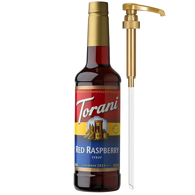 Torani Red Raspberry Syrup for Drinks, Flavoring for Iced Tea, Sodas, Cocktails, and Milk Shakes, Pump Included, 25.4 Oz