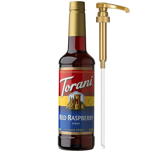 Torani Red Raspberry Syrup for Drinks, Flavoring for Iced Tea, Sodas, Cocktails, and Milk Shakes, Pump Included, 25.4 Oz