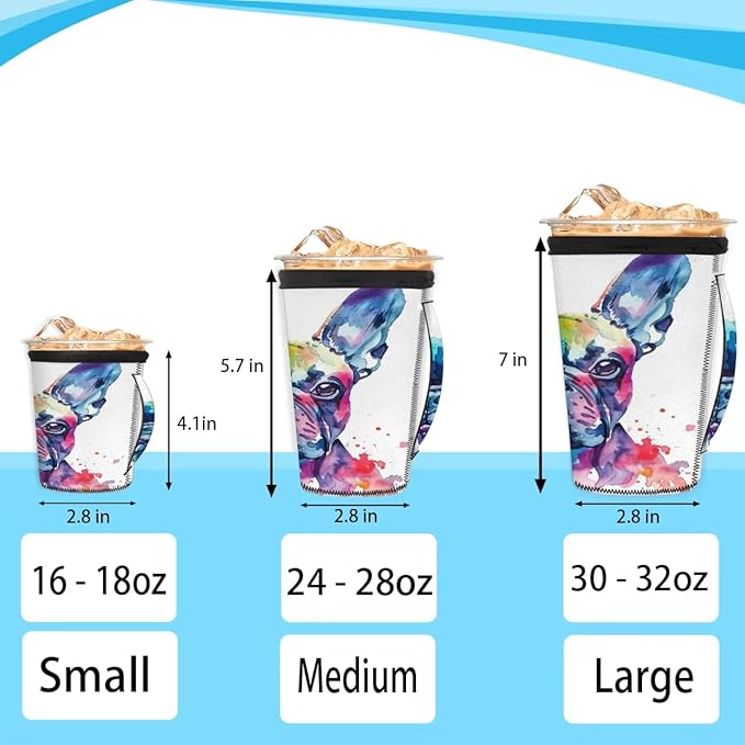 Reusable Iced Coffee Sleeve with Handle, Watercolor French Bulldog Neoprene Cup Sleeve Dog Pattern Insulator Cup Holder for Cold Drinks Beverages 16oz - 18oz