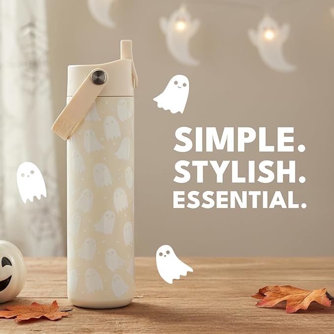 Elemental 24oz Insulated Water Bottle with Straw - 100% Leak-Proof Stainless Steel Core Water Bottles for Travel, Sports and Gym - Double Wall Insulation & BPA Free - Little Ghostie