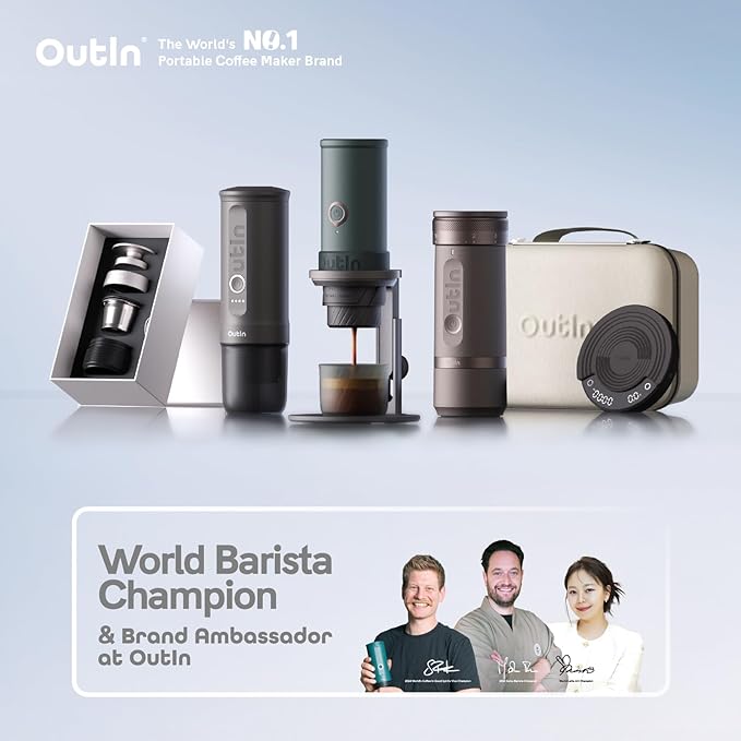 OutIn Nano Portable Electric Espresso Machine with Fino Portable Electric Coffee Grinder, Brown & Red