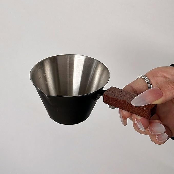 Zonfer Stainless Steel Espresso Shot Cup with Wooden Handle for Coffee Measuring and Brewing, Multi-Purpose Espresso & Milk Ounce Cup with Measurement Marks