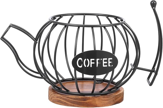 Coffee Pod Organizer for Countertop, Coffee Bar Accessories with Wooden Base, Round Basket Decor for Kitchen Countertop for Pods and Espresso Capsules