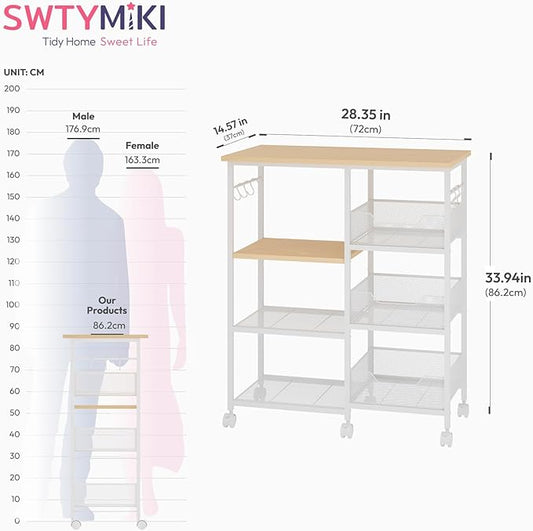 SWTYMIKI Kitchen Island Cart on Wheels - 28.35x14.57in Rolling Kitchen Table Cart with Storage Shelves, 6 Removable Hooks& Locking Casters, Coffee Bar Cabinet for Dining Room Pantry Office, White