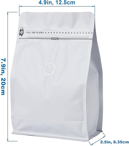 50 Pack Coffee Bags with Aluminum Foil and Degassing Valve, Resealable High Barrier Storage Bags, Odor-Proof for Coffee Beans, Stand Up Coffee Pouch, Flat Bottom (Small-8OZ, White)