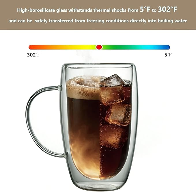 DINGPAl 15 oz Double Walled Glass Coffee Mugs, Set of 4 Large Double Wall Layer Coffee Mug Insulated Borosilicate Glass Cups with Handle and Spoon for Latte, Cappuccino, Espresso, Americano