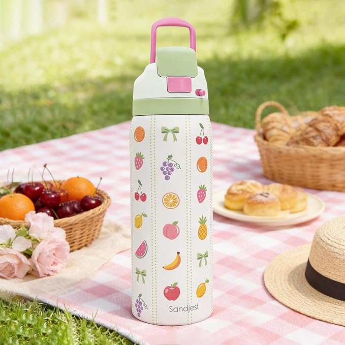 Fruits Stainless Steel Water Bottle, Vacuum Insulated, Push-Button Lid, 32 oz, Gifts for Women Girls Friends Teens Birthday Christmas