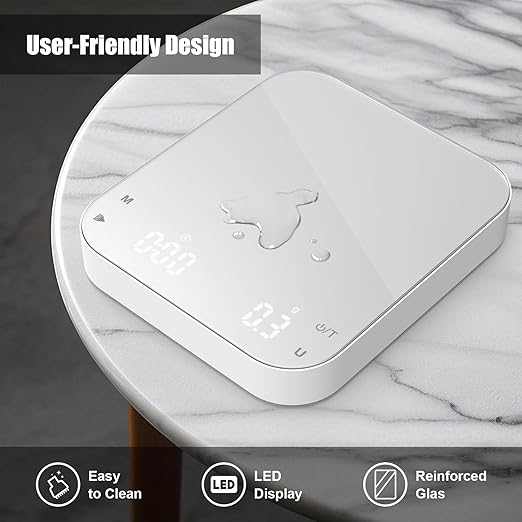 5.9" Rechargeable Coffee Scale with Timer, Diyife Portable Digital Coffee Scale, 3kg/0.1g Accurate Scale for Espresso and Pour-Over Coffee, Dual Timekeeping Modes, 6 Units, LCD Display, White