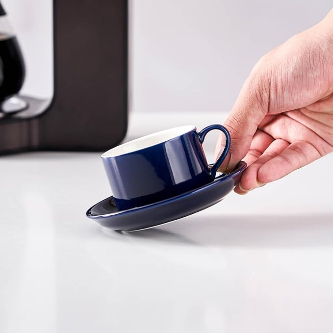 Meichu 2.5oz Porcelain Stackable Espresso Cups with Saucers and Metal Stand Set of 4, Stackable Espresso Cups Set of 4, Blue Expresso Shots Cup Set for Cappuccino, Coffee Drinks, Latte, Tea