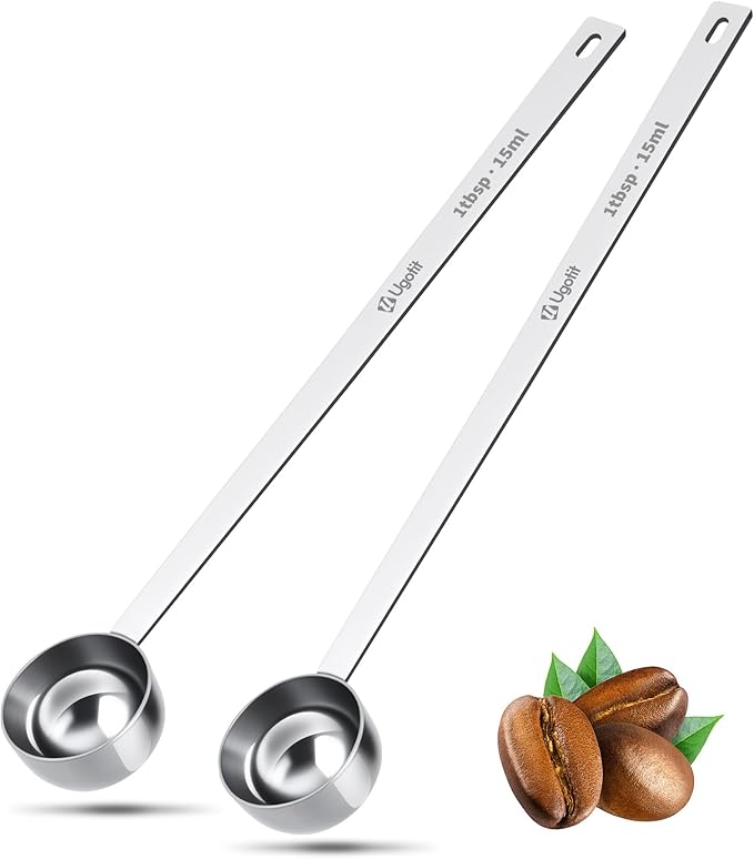 Ugotit 1 Tablespoon Coffee Scoop Set, 304 Stainless Steel Long Handle Measuring Spoons with Engraved TBSP/ML Markings, for Ground Coffee, Protein Powder, Tea, Baking & Supplements, Dishwasher Safe