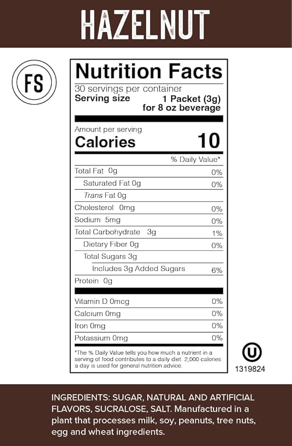 Flavor Singles Hazelnut Powdered Sweetener Packets for Coffee & Tea, Travel Ready Single-Serve Syrup Alternative, 30 Count (Pack of 3)