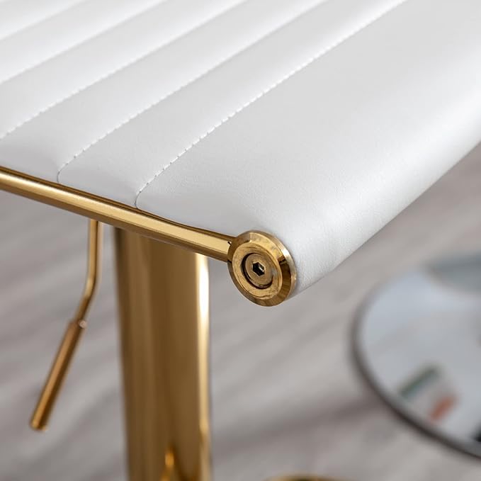 White Barstools Bar Height Set of 3 Adjustable Faux Leather Counter Height Bar Stool Chair with Back for Kitchen Island Breakfast Bar (White with Gold Base, 3 Pack)