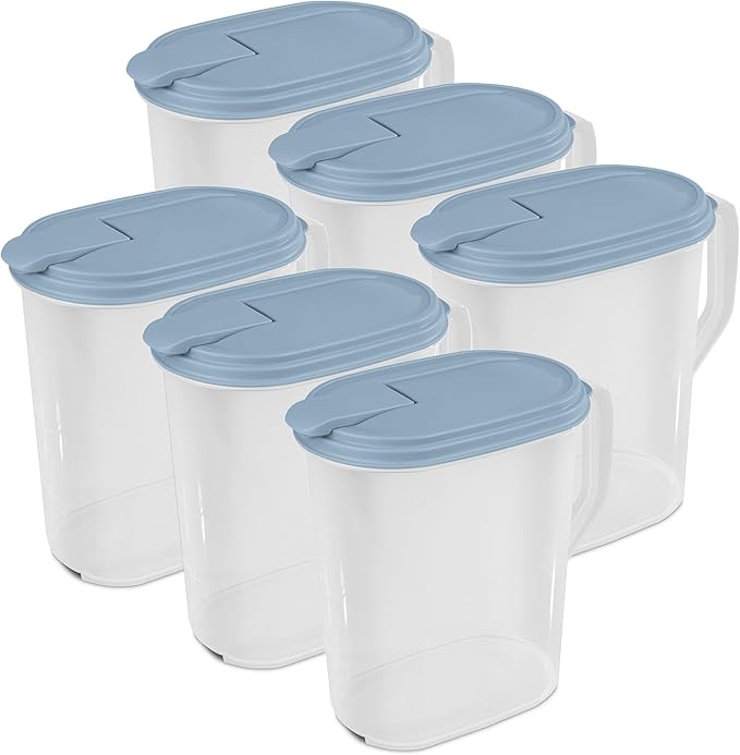 Sterilite 6 Pack 1 Gallon Clear Plastic Pitcher, Dishwasher Proof with Blue Lid, Spout, and Handle for Easy Pouring, Washed Blue