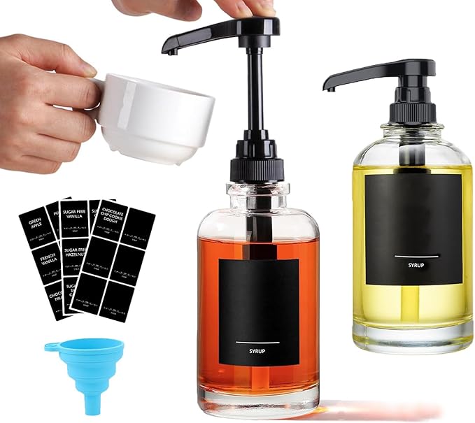 AXIM Coffee Syrup Dispenser,2 Pack 500 ml/16.9 oz Glass Syrup Dispenser with Labels& Funnel,Coffee Bar Organizer,Modern Coffee Station Accessories for Kitchen