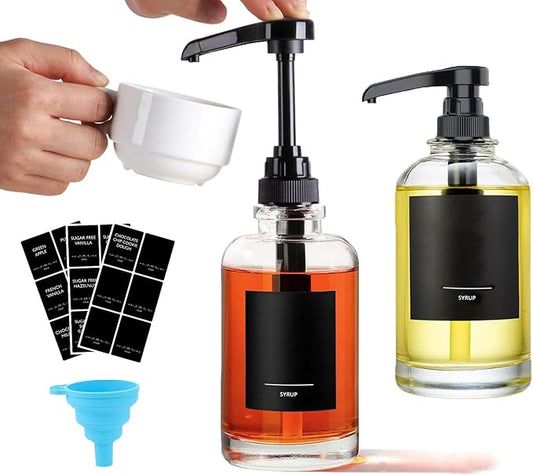 AXIM Coffee Syrup Dispenser,2 Pack 500 ml/16.9 oz Glass Syrup Dispenser with Labels& Funnel,Coffee Bar Organizer,Modern Coffee Station Accessories for Kitchen