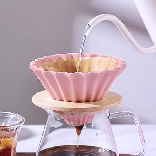 Ceramic Coffee Dripper with Wood Cup Stand Pour Over Coffee Maker Elegant Flower-shape V60 Strainer for 1-2 Cups Slow Brewing Accessories for Home Coffee Shops Restaurants Pink