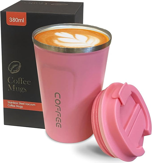 YINBAOGE Insulated Travel Coffee Mug, Spill & Leak Proof, Portable To Go Camping Stainless Steel Coffee Tumbler, Reusable Thermal Coffee Cup with Lid for Hot & Cold Drinks (2nd-Pink, 12 OZ)