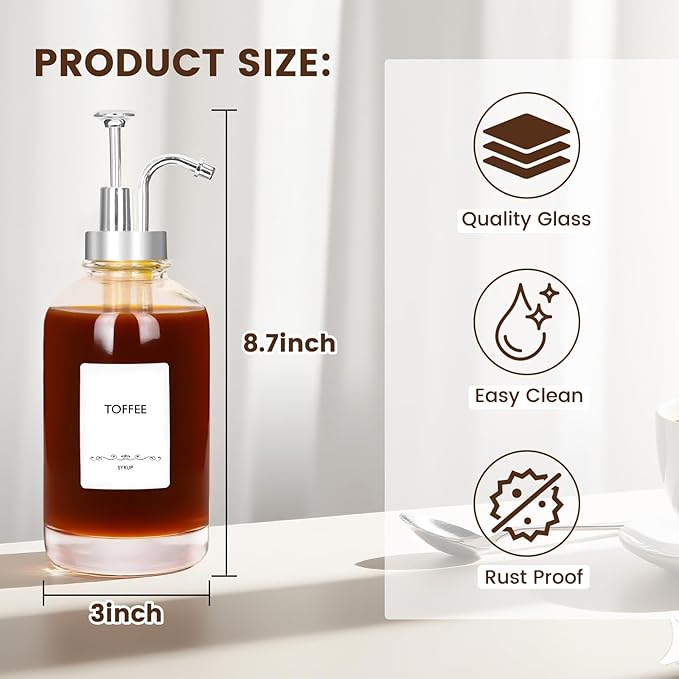 16.9oz Coffee Syrup Dispensers 4Pack- Glass Syrup Dispenser Kit for Coffee Bar Accessories for Home Coffee Bar/Premium Labeled Barista Kit, Silver
