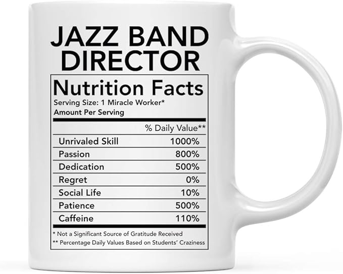 Andaz Press Funny 11oz. Ceramic Coffee Tea Mug Thank You Gift, Jazz Band Director Nutritional Facts, 1-Pack