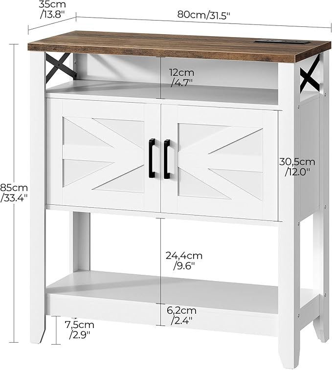 Console Table, Farmhouse Sofa Table with Power Outlet, Coffee Bar Cabinet with Storage, Entryway Table, Coffee Bar Table, for Entrance, Hallway, Kitchen, White and Walnut MXG01UWL