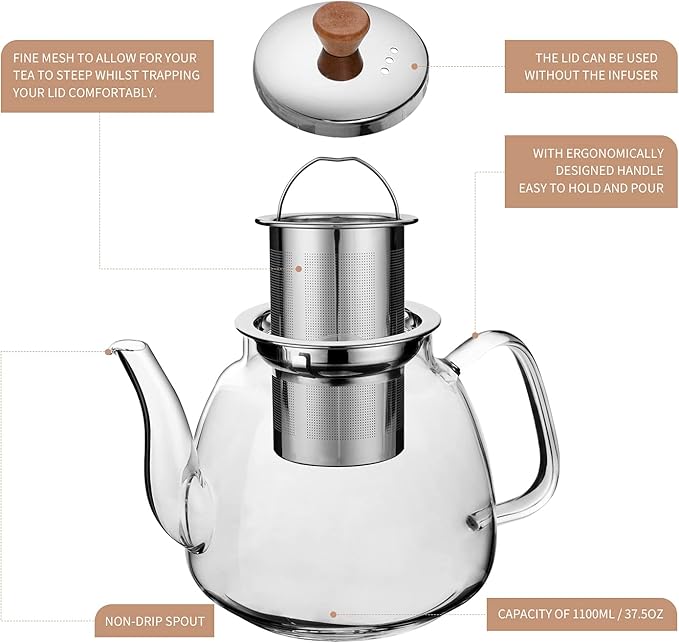 CNGLASS Glass Teapot with Infuser(37.5oz),Clear Tea Kettle with Removable Stainless Steel Strainer,Stovetop Safe Glass Teapot for Blooming and Loose Leaf Tea