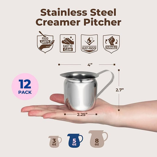 Fit Meal Prep [12 Pack] 5 oz Creamer Pitcher - Stainless Steel Bell Creamers, Mini Cup Container for Serving Milk, Coffee Cream, Salad Dressing, Maple Syrup, Espresso Machine for Restaurant, Cafes