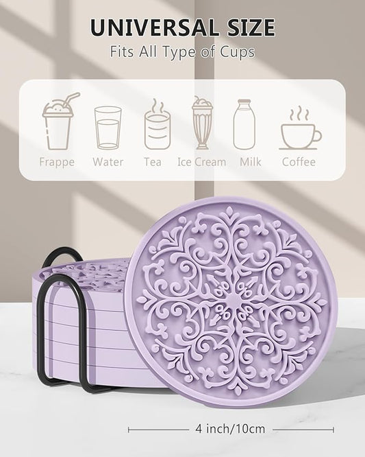 Drink Coasters, Coasters Set of 6 for Cup with Holder, Non-Slip Silicone Cup Mats for Hot and Cold Drinks, Cute Absorbent Coffee Bar Accessories Table Decor, Purple