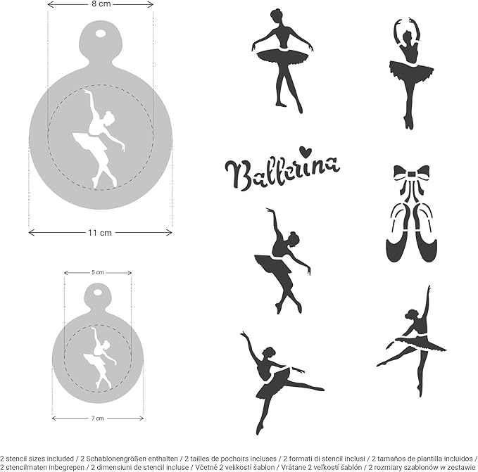 NAKLEO Coffee Stencils and Cookies Decoration 14Pcs 2.8”x2.8” and 4.3”x4.3”, Reusable Plastic Baking Templates, Ballerinas Dancers Ballet, Barista DIY Art Craft, Capuccino Latte Chocolate Cake Biscuit
