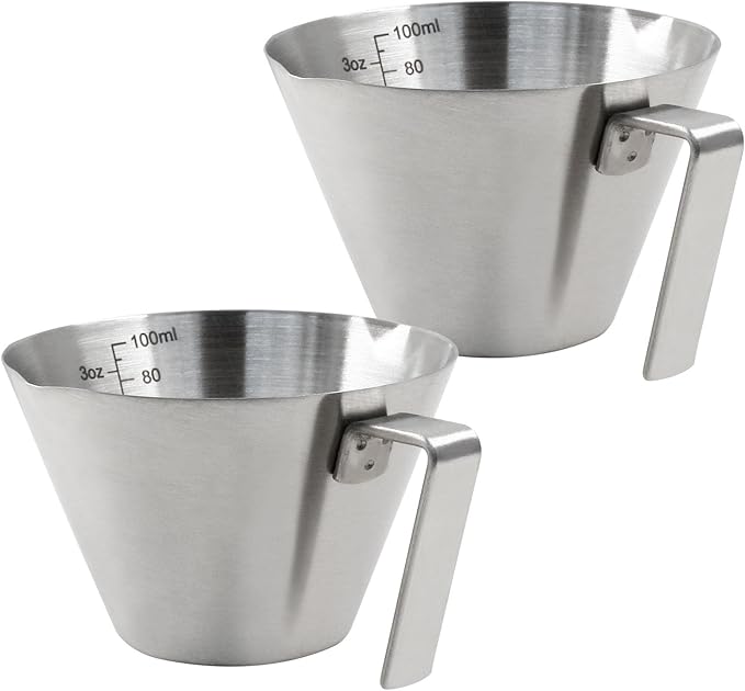 Piutouyar 2 Pcs 100 ml / 3.4 oz Stainless Steel Espresso Cups, Double Spout Espresso Measuring Cup with Handle, Dual Scale Metal Espresso Shot Cup Pouring Cup