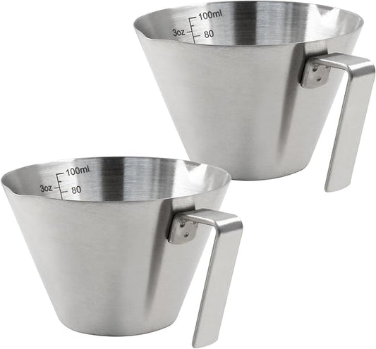 Piutouyar 2 Pcs 100 ml / 3.4 oz Stainless Steel Espresso Cups, Double Spout Espresso Measuring Cup with Handle, Dual Scale Metal Espresso Shot Cup Pouring Cup