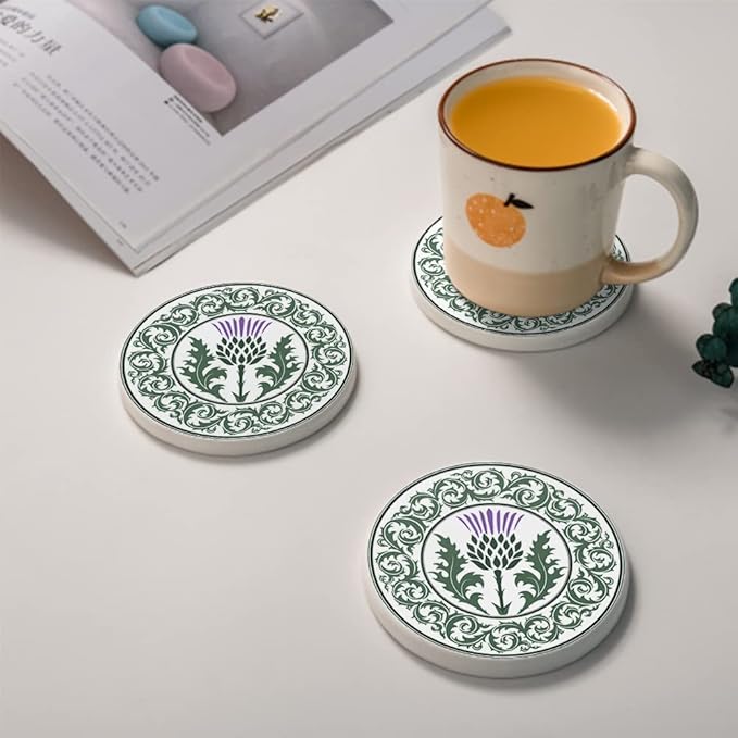 HUXJOKO Coasters for Drinks Set of 6,Thistle Flower Scottish Absorbent Ceramic Coaster,Round Stone Mat,with Cork Base and Metal Holder for Coffee Table Room Bar Home Decor Housewarming Gifts