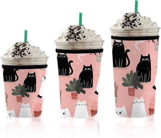 Fits 16oz 24oz 30oz Cups Cute Cat Print Iced Coffee Sleeve Set of 3 Insulated Reusable Coffee Sleeve for Cat Lovers