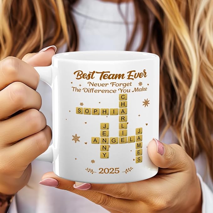 Joymade Personalized Ceramic Coffee Mug, Funny Custom Mug for Bestie, Friends, Couple, Coworker, Snowman Lovers (Best Team Ever Scrabble)