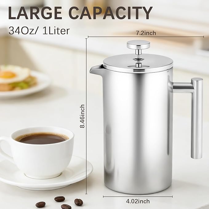 CAOANTRY French Press Coffee Maker, 304 Grade Stainless Steel French Press with 2 Extra Filters for Home, Office, Travel, Camping - 34OZ/1 Litre (Sliver)