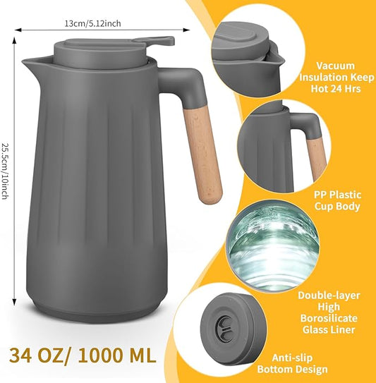 2 Pcs 34 oz Thermal Coffee Carafe for Keeping Hot/Cold Double Wall Vacuum Carafe with Insulated Glass Liner and Wood Handle Coffee Pot Container for Drinks Milk Tea Chocolates(Gray)