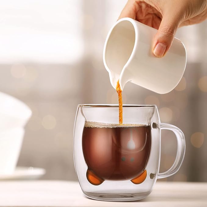 Eccliy 8 Pcs Cute Bear Mugs Bear Tea Cup 8.5 oz Double Wall Glass Honey Milk Coffee Mug with Handle Insulated Glass Espresso Cups Birthday Gift for Women Men Gift