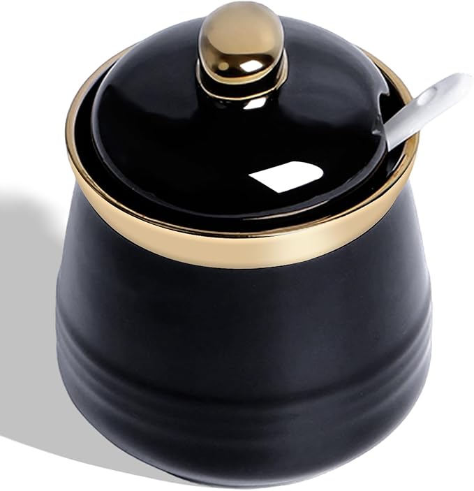 HAOTOP 12oz Sugar Bowl with Lid and Spoon,Simple Ceramic Sugar Jar Sugar Container Sugar Dispenser Coffee Bar Accessories, Modern Kitchen Countertop Canisters, Black