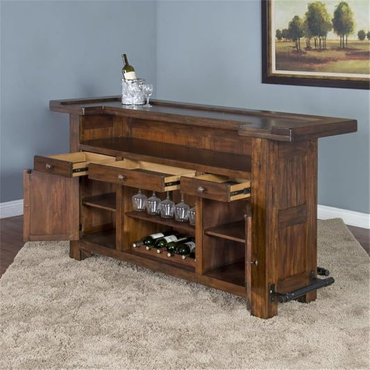 Pemberly Row Set of 3 Polished Brown Wood Bar Unit & 2 Swivel Barstool with Back