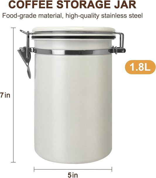 1.8L Airtight Vacuum Coffee Canister, Stainless Steel Storage Container for Coffee Beans and Grounds with Scoop.Suitable for coffee powder, coffee beans, rice, tea leaves, sugar, flour, and grains