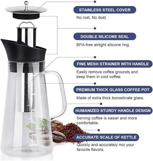 Cold Brew Coffee Maker Cold Brew Tea Pitcher Glass and Airtight Lid Coffee Pot 1.2L