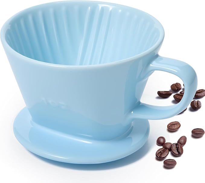 Pour Over Coffee Dripper, Ceramic Pour Over Coffee Maker with 3 Holes Flat Bottom, Easy Manual Brew Maker, Porcelain Slow Filter Cone for Travel, Camping, Office, Home, Blue
