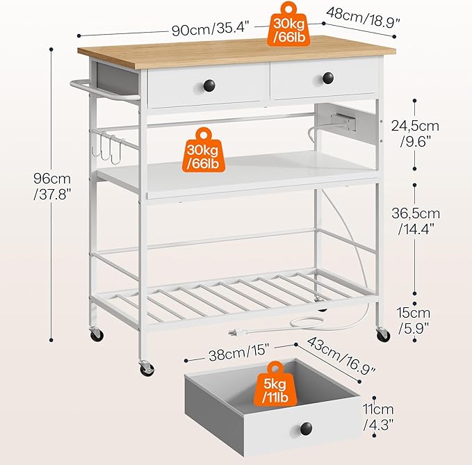 HOOBRO Kitchen Island with Storage, Rolling Island Cart for Kitchen with 2 Drawers & Outlet, 3 Tier Coffee Station and Microwave Stand, Kitchen Island Table for Home, Natural and White WN08UZD01