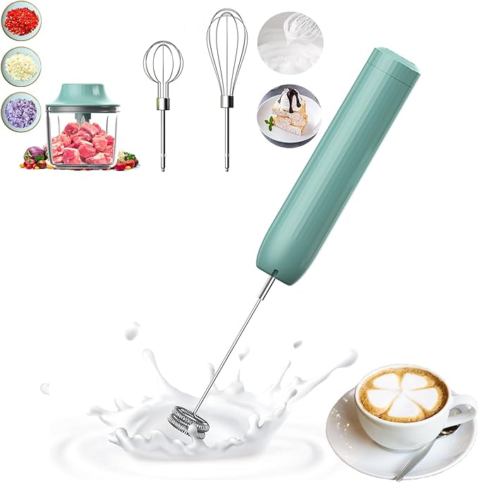 4-in-1 Handheld Frother, Coffee Frother Handheld, Electric Whisk, Milk Frother Wand for Coffee, Matcha, Electric Hand Mixer, Mini Onion Chopper 10Oz, Small Cordless Hand Blender, 4 Speed