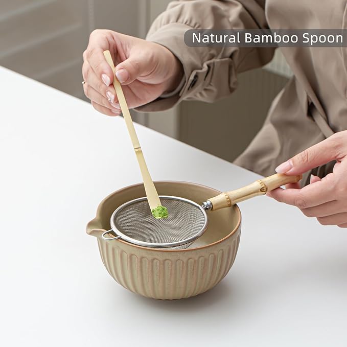 Matcha Whisk Set, Matcha Set Includes Ceramic Matcha Bowl, Matcha Whisk and Holder, Bamboo Scoop, Sifter, Scoop Rest and Tea Towel - 7 Pcs Matcha Making Kit for Matcha Lover and Tea Ceremony