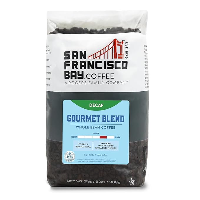 SAN FRANCISCO BAY SF Coffee Whole Bean 2LB Medium Roast Swiss Water Processed Decaffeinated, Decaf Gourmet Blend, 2 Pound (Pack of 1), 32 Ounce