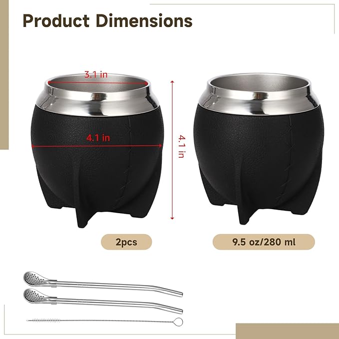 2PCS Yerba Mate Cup, 6 oz Stainless teel Mate Cup with Straw, Double Wall Vacuum Insulated Yerba Mate Gourd for Traditional Mate Tea Drinking (Black-A)