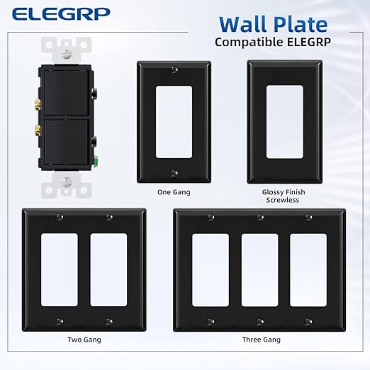 ELEGRP Decorator Double Rocker Light Switch, Two Single Pole Electrical Paddle, 15A 120V, In-Wall On/Off, Self-grounding, Wall Plate Included, UL Listed (1 Pack, Glossy Black)