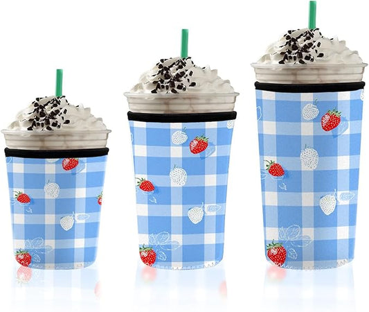 Blue Gingham Strawberry Iced Coffee Sleeve Set of 3 Fits S/M/L 3-Pack Cute Summer Fruit Pattern Insulated Coffee Sleeve for Women Gifts