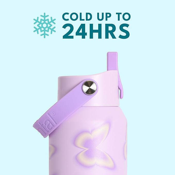 Elemental 40oz Insulated Water Bottle with Straw - 100% Leak-Proof Stainless Steel Core Water Bottles for Travel, Sports and Gym - Double Wall Insulation & BPA Free - Butterfly Kiss